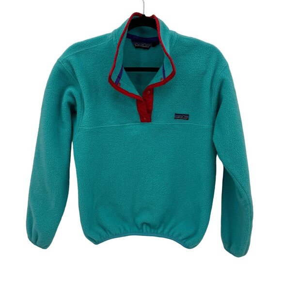 Patagonia Sweaters - Patagonia Fleece Pullover‎ WOMENS Size 12 Medium Teal Red Made USA VTG Cozy 90s